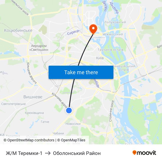 Ж/М Теремки-1 to Оболонський Район map