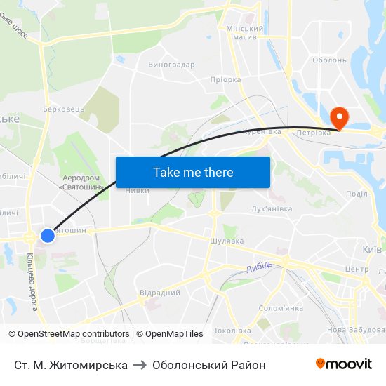 Ст. М. Житомирська to Оболонський Район map