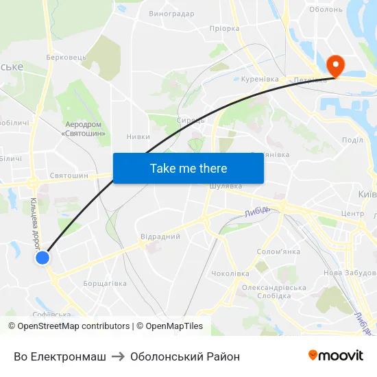 Во Електронмаш to Оболонський Район map
