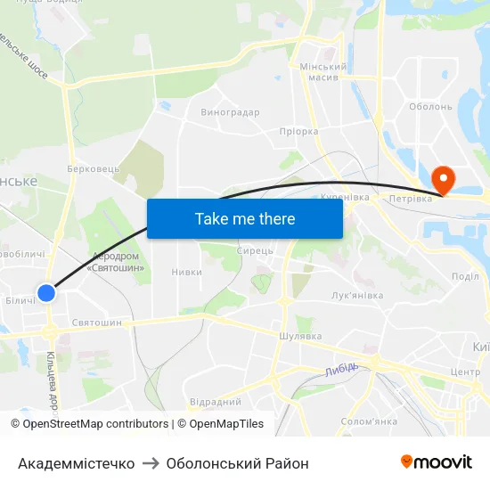 Академмістечко to Оболонський Район map