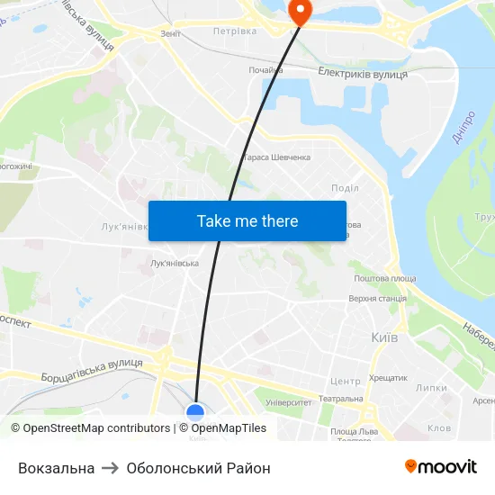 Вокзальна to Оболонський Район map