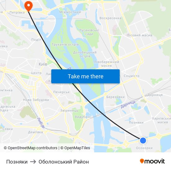 Позняки to Оболонський Район map