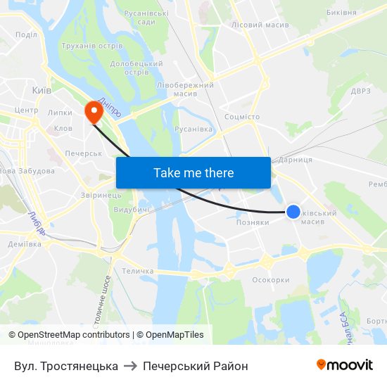 Вул. Тростянецька to Печерський Район map