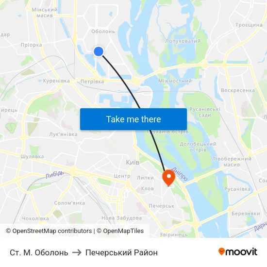 Ст. М. Оболонь to Печерський Район map