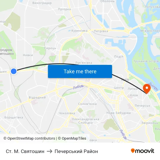 Ст. М. Святошин to Печерський Район map