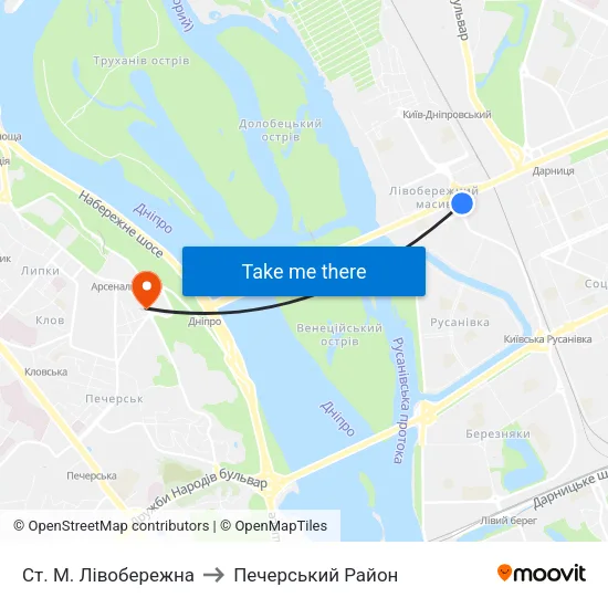 Ст. М. Лівобережна to Печерський Район map