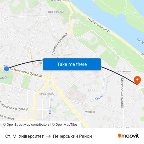 Ст. М. Університет to Печерський Район map