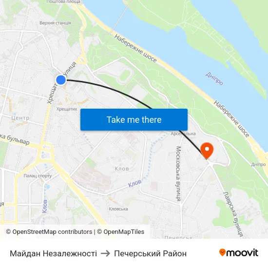 Майдан Незалежності to Печерський Район map
