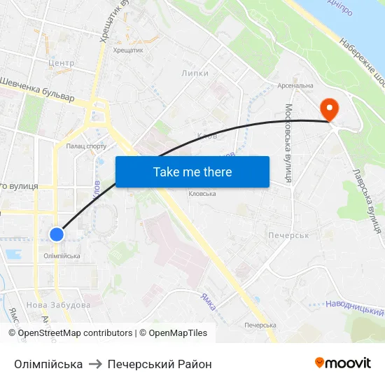 Олімпійська to Печерський Район map