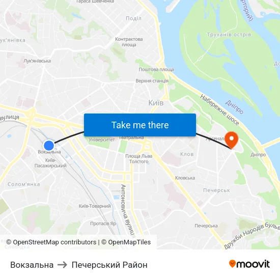 Вокзальна to Печерський Район map