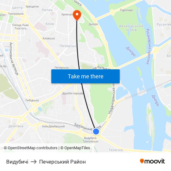 Видубичі to Печерський Район map