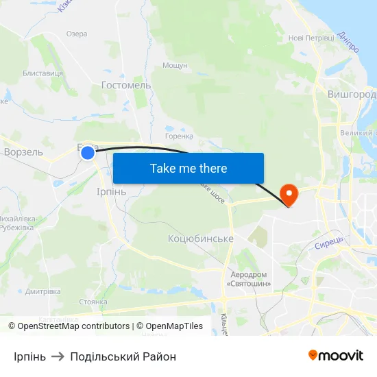 Ірпінь to Подільський Район map