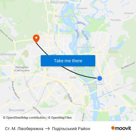 Ст. М. Лівобережна to Подільський Район map