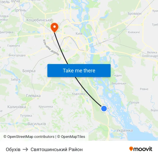 Обухів to Святошинський Район map
