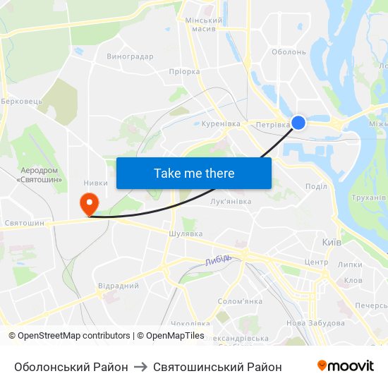 Оболонський Район to Святошинський Район map