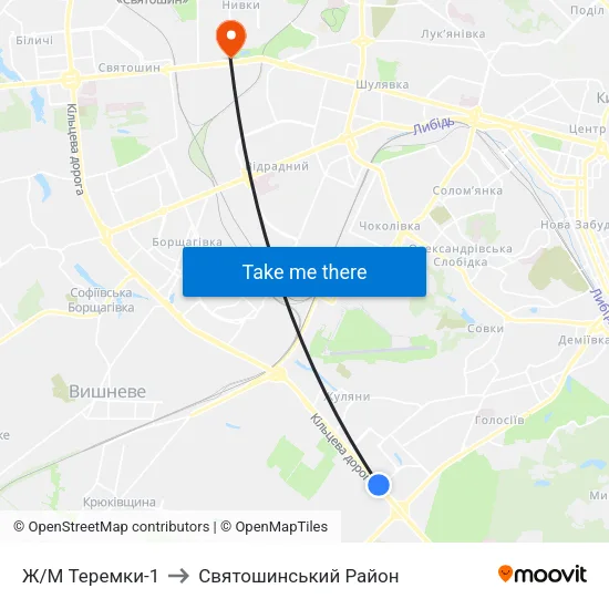 Ж/М Теремки-1 to Святошинський Район map