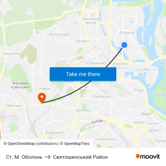 Ст. М. Оболонь to Святошинський Район map