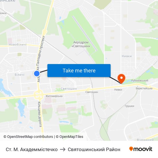 Ст. М. Академмістечко to Святошинський Район map