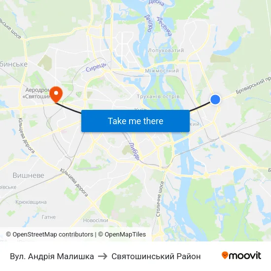 Вул. Андрія Малишка to Святошинський Район map