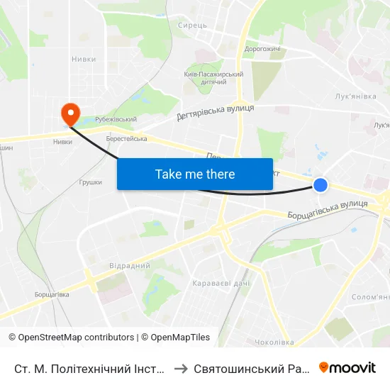 Ст. М. Політехнічний Інститут to Святошинський Район map