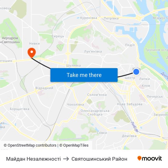 Майдан Незалежності to Святошинський Район map