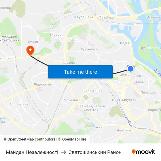 Майдан Незалежності to Святошинський Район map