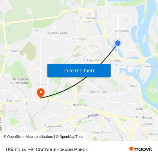 Оболонь to Святошинський Район map