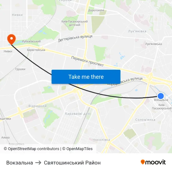 Вокзальна to Святошинський Район map