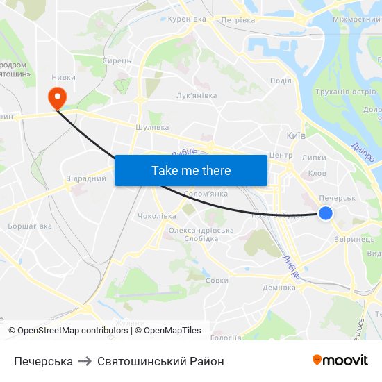 Печерська to Святошинський Район map