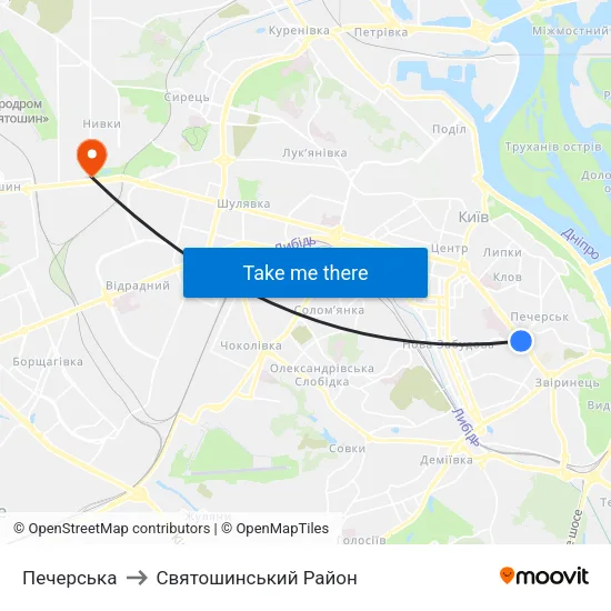 Печерська to Святошинський Район map