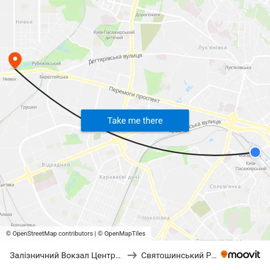 Залізничний Вокзал Центральний to Святошинський Район map