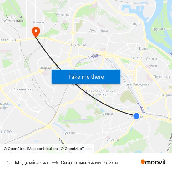 Ст. М. Деміївська to Святошинський Район map