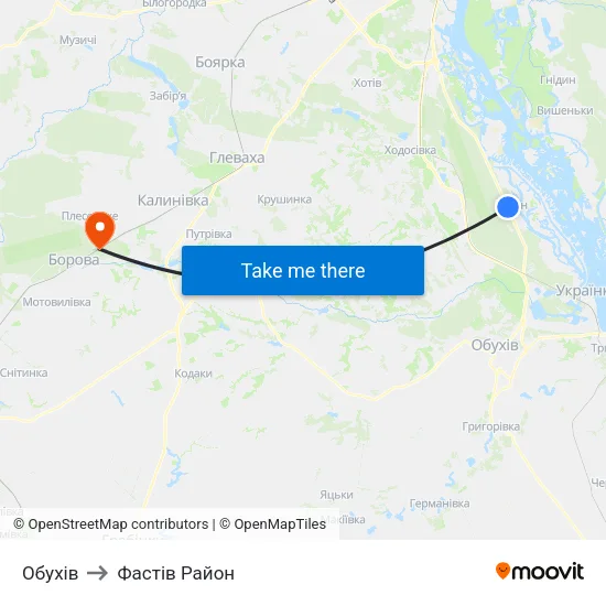 Обухів to Фастів Район map