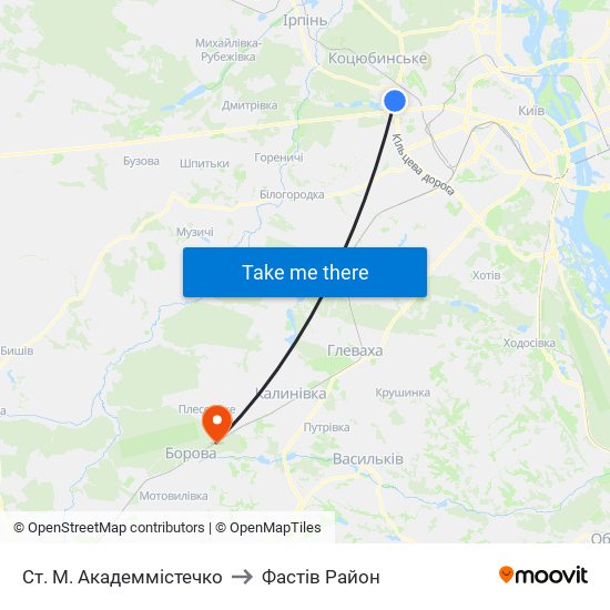 Ст. М. Академмістечко to Фастів Район map