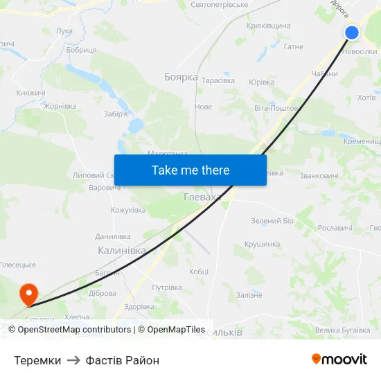 Теремки to Фастів Район map