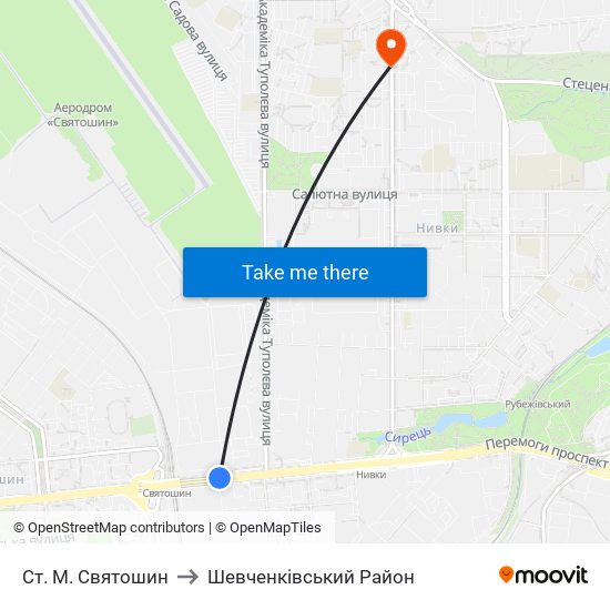 Ст. М. Святошин to Шевченківський Район map
