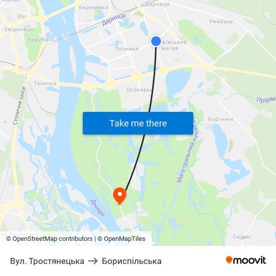 Вул. Тростянецька to Бориспiльська map