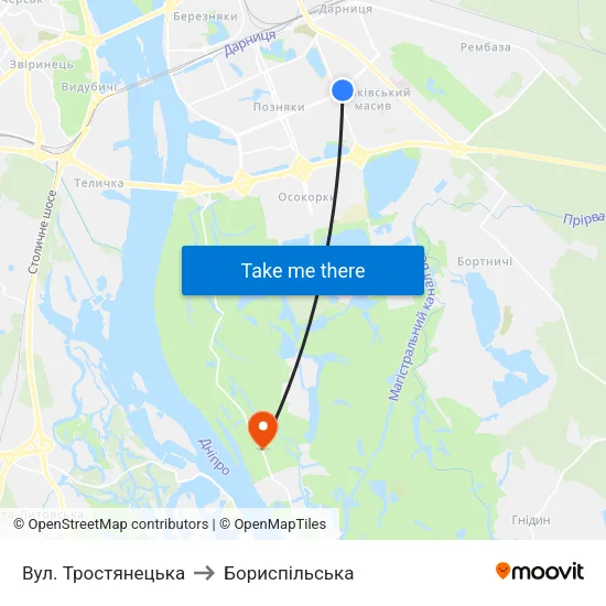 Вул. Тростянецька to Бориспiльська map