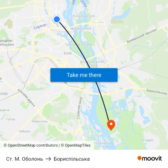 Ст. М. Оболонь to Бориспiльська map