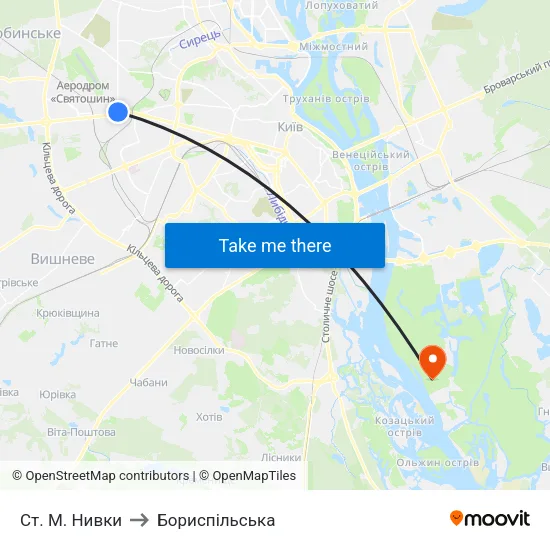 Ст. М. Нивки to Бориспiльська map