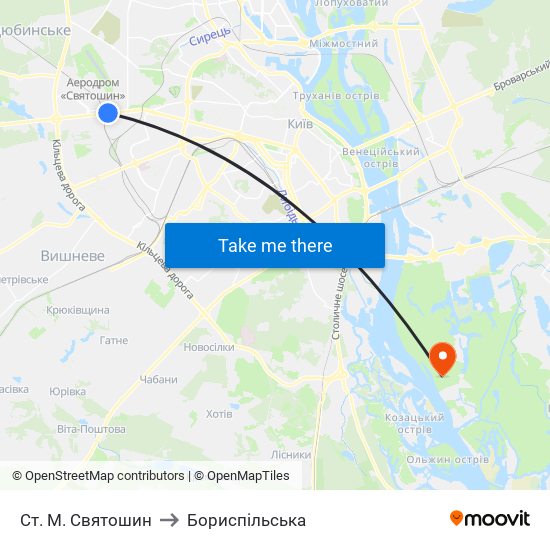 Ст. М. Святошин to Бориспiльська map