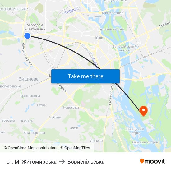 Ст. М. Житомирська to Бориспiльська map