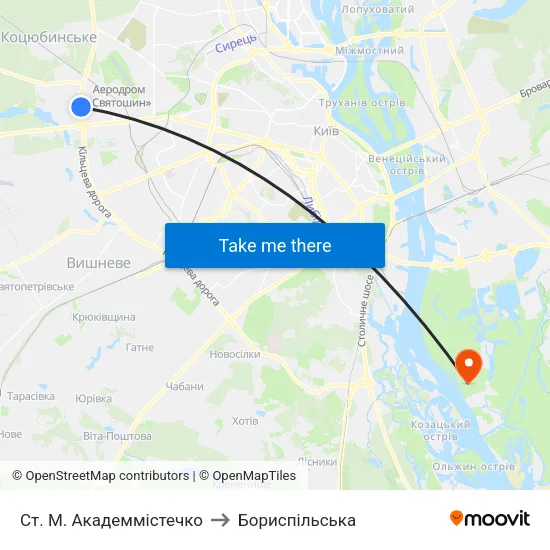 Ст. М. Академмістечко to Бориспiльська map