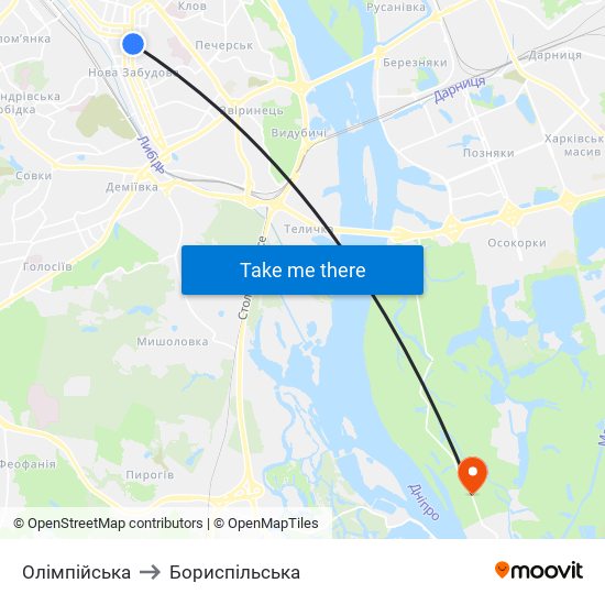 Олімпійська to Бориспiльська map