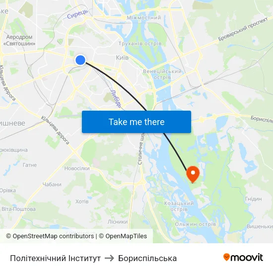 Політехнічний Інститут to Бориспiльська map