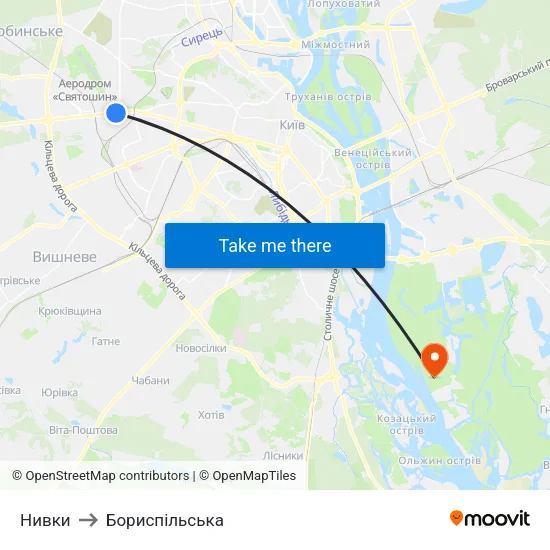 Нивки to Бориспiльська map