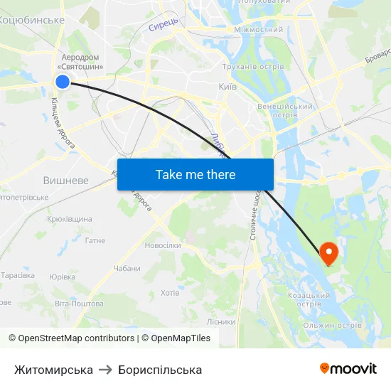 Житомирська to Бориспiльська map