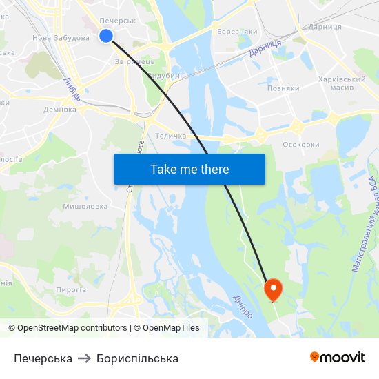 Печерська to Бориспiльська map