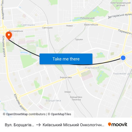 Вул. Борщагівська to Київський Міський Онкологічний Центр map