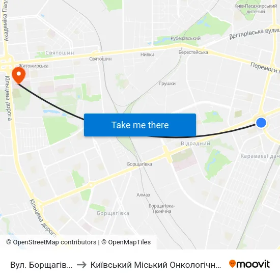 Вул. Борщагівська to Київський Міський Онкологічний Центр map